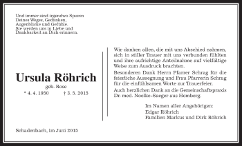 Traueranzeige von Ursula Röhrich von Alsfelder Allgemeine
