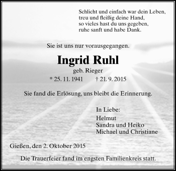 Traueranzeige von Ingrid Ruhl von Gießener Allgemeine, Alsfelder Allgemeine