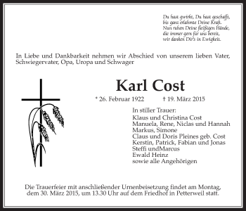 Traueranzeige von Karl Cost von Wetterauer Zeitung