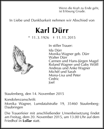 Traueranzeige von Karl Dürr von Gießener Allgemeine, Alsfelder Allgemeine