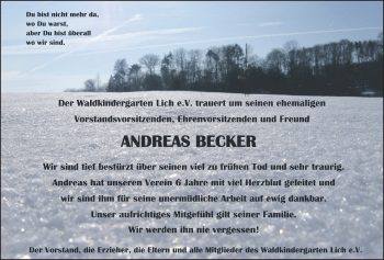 Traueranzeige von Andreas Becker von Licher Wochenblatt, Licher Wochenblatt, Licher Wochenblatt