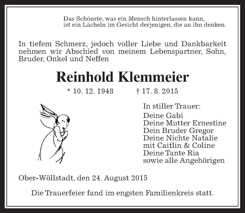  Traueranzeige für Reinhold Klemmeier vom 24.08.2015 aus Wetterauer Zeitung, Wetterauer Zeitung