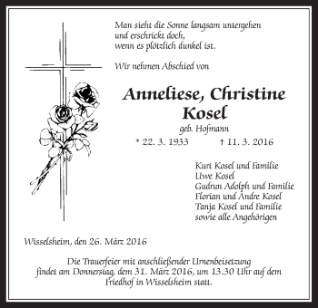 Traueranzeige von Anneliese Christine Kosel von Wetterauer Zeitung, Wetterauer Zeitung