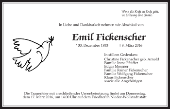 Traueranzeige von Emil Fickenscher von Wetterauer Zeitung, Wetterauer Zeitung