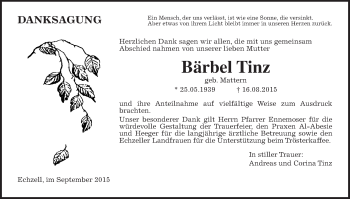 Traueranzeige von Bärbel Tinz von Wetterauer Zeitung, Wetterauer Zeitung