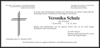 Traueranzeige von Veronika Schulz von Gießener Allgemeine, Alsfelder Allgemeine