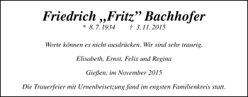 Traueranzeige von Friedrich Bachhofer von Gießener Allgemeine, Alsfelder Allgemeine