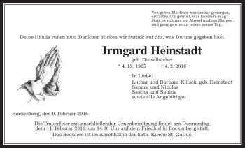 Traueranzeige von Irmgard Heinstadt von Wetterauer Zeitung, Wetterauer Zeitung