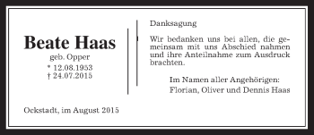 Traueranzeige von Beate Haas von Wetterauer Zeitung, Wetterauer Zeitung