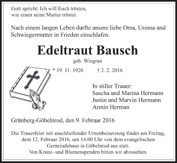 Traueranzeige von Edeltraut Bausch von Gießener Allgemeine, Alsfelder Allgemeine