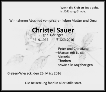 Traueranzeige von Christel Sauer von Gießener Allgemeine, Alsfelder Allgemeine