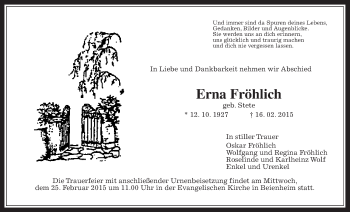 Traueranzeige von Erna Fröhlich von Wetterauer Zeitung, Wetterauer Zeitung