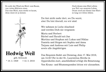 Traueranzeige von Hedwig Weil von Wetterauer Zeitung, Wetterauer Zeitung