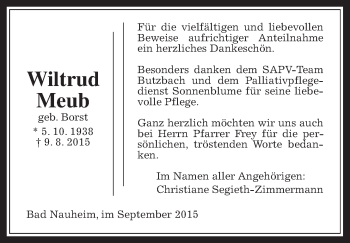 Traueranzeige von Wiltrud Meub von Wetterauer Zeitung, Wetterauer Zeitung