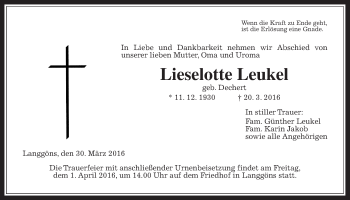 Traueranzeige von Lieselotte Leukel von Gießener Allgemeine, Alsfelder Allgemeine