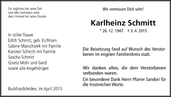 Traueranzeige von Karlheinz Schmitt von Gießener Allgemeine, Alsfelder Allgemeine