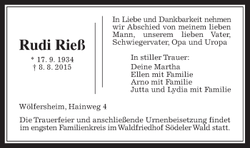 Traueranzeige von Rudi Rieß von Wetterauer Zeitung, Wetterauer Zeitung