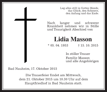 Traueranzeige von Lidia Masson von Wetterauer Zeitung, Wetterauer Zeitung