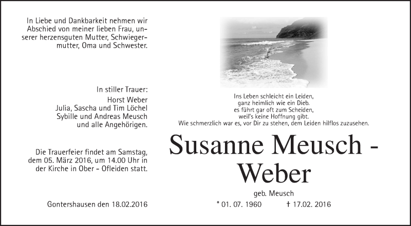  Traueranzeige für Susanne Meusch-Weber vom 27.02.2016 aus Gießener Allgemeine, Alsfelder Allgemeine