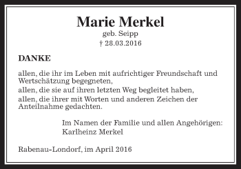 Traueranzeige von Marie Merkel von Rabenauer Zeitung