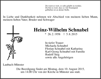 Traueranzeige von Heinz Wilhelm Schnabel von Gießener Allgemeine, Alsfelder Allgemeine