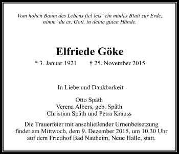 Traueranzeige von Elfriede Göke von Wetterauer Zeitung, Wetterauer Zeitung