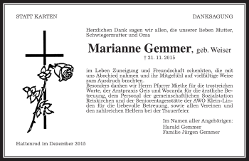 Traueranzeige von Marianne Gemmer von Gießener Allgemeine, Alsfelder Allgemeine