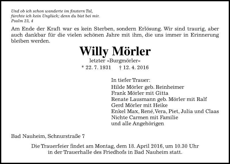  Traueranzeige für Willy Mörler vom 15.04.2016 aus Wetterauer Zeitung, Wetterauer Zeitung