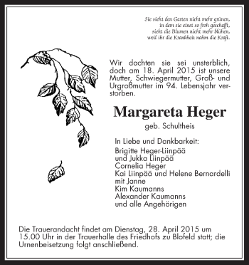Traueranzeige von Margareta Heger von Wetterauer Zeitung, Wetterauer Zeitung