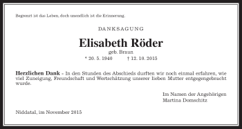 Traueranzeige von Elisabeth Röder von Wetterauer Zeitung, Wetterauer Zeitung