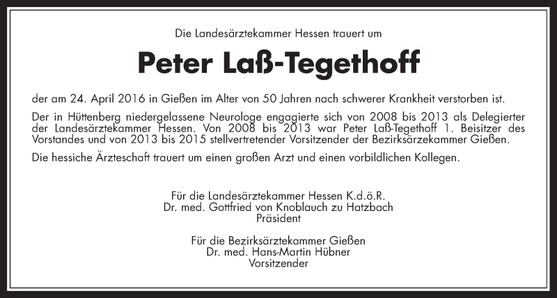  Traueranzeige für Peter Laß-Tegethoff vom 30.04.2016 aus Gießener Allgemeine, Alsfelder Allgemeine