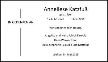 Traueranzeige von Anneliese Katzfuß von Gießener Allgemeine, Alsfelder Allgemeine