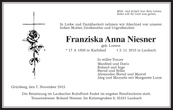 Traueranzeige von Franziska Anna Niesner von Gießener Allgemeine, Alsfelder Allgemeine