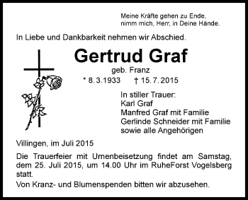 Traueranzeige von Gertrud Graf von Licher Wochenblatt, Licher Wochenblatt, Licher Wochenblatt