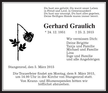 Traueranzeige von Gerhard Graulich von Gießener Allgemeine, Alsfelder Allgemeine