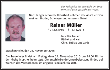 Traueranzeige von Rainer Müller von Licher Wochenblatt, Licher Wochenblatt, Licher Wochenblatt