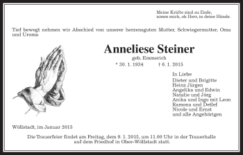 Traueranzeige von Anneliese Steiner von Wetterauer Zeitung, Wetterauer Zeitung