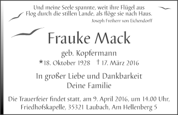 Traueranzeige von Frauke Mack von Gießener Allgemeine, Alsfelder Allgemeine