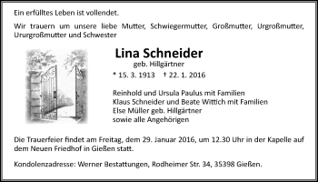 Traueranzeige von Lina Schneider von Gießener Allgemeine, Alsfelder Allgemeine