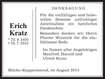 Traueranzeige von Erich Kratz von Mücker Stimme