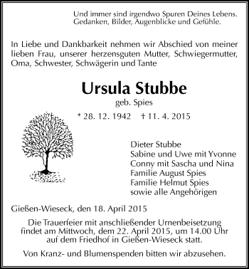 Traueranzeige von Ursula Stubbe von Gießener Allgemeine, Alsfelder Allgemeine