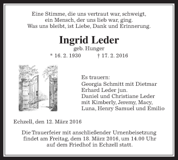Traueranzeige von Ingrid Leder von Wetterauer Zeitung, Wetterauer Zeitung
