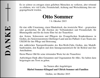 Traueranzeige von Otto Sommer von Gießener Allgemeine, Alsfelder Allgemeine