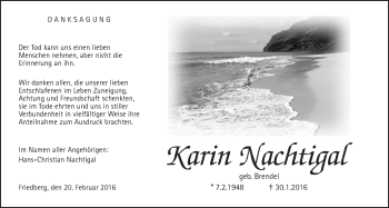 Traueranzeige von Karin Nachtigal von Wetterauer Zeitung, Wetterauer Zeitung