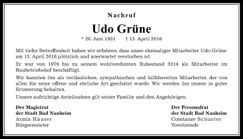Traueranzeige von Udo Grüne von Wetterauer Zeitung, Wetterauer Zeitung
