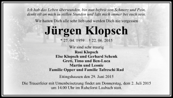 Traueranzeige von Jürgen Klopsch von Gießener Allgemeine, Alsfelder Allgemeine