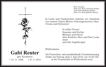 Traueranzeige von Gabi Reuther von Wetterauer Zeitung, Wetterauer Zeitung