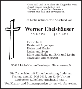 Traueranzeige von Werner Ebelshäuser von Gießener Allgemeine, Alsfelder Allgemeine