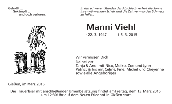 Traueranzeige von Manni Viehl von Gießener Allgemeine, Alsfelder Allgemeine
