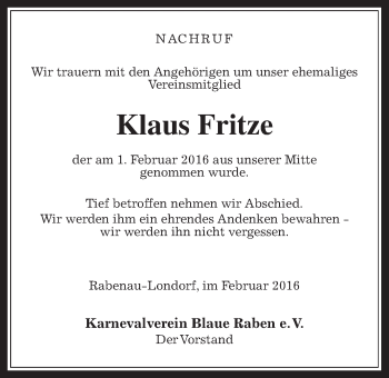 Traueranzeige von Klaus Fritze von Rabenauer Zeitung